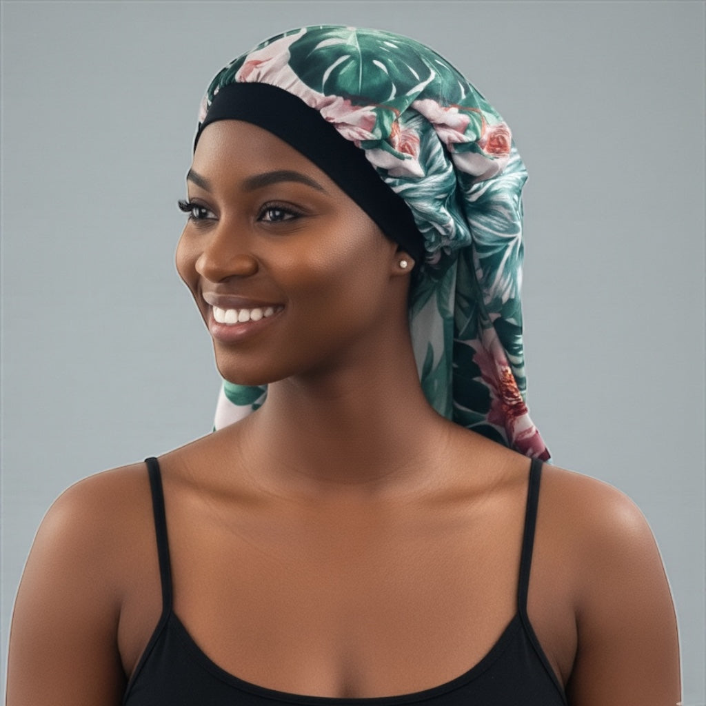 Tropical Green Satin Silk Long Bonnet Cap for Braids, Locs & Long Hair – Lightweight Sleep Cap - Fatisha Boutique #