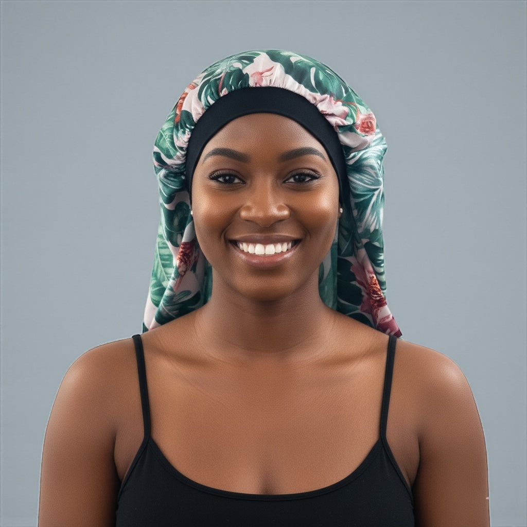 Tropical Green Satin Silk Long Bonnet Cap for Braids, Locs & Long Hair – Lightweight Sleep Cap - Fatisha Boutique #