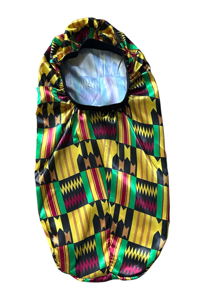 Kente Satin Silk Long Bonnet Cap – Adjustable Sleep Cap for Braids, Locs & Long Hair - Fatisha Boutique #