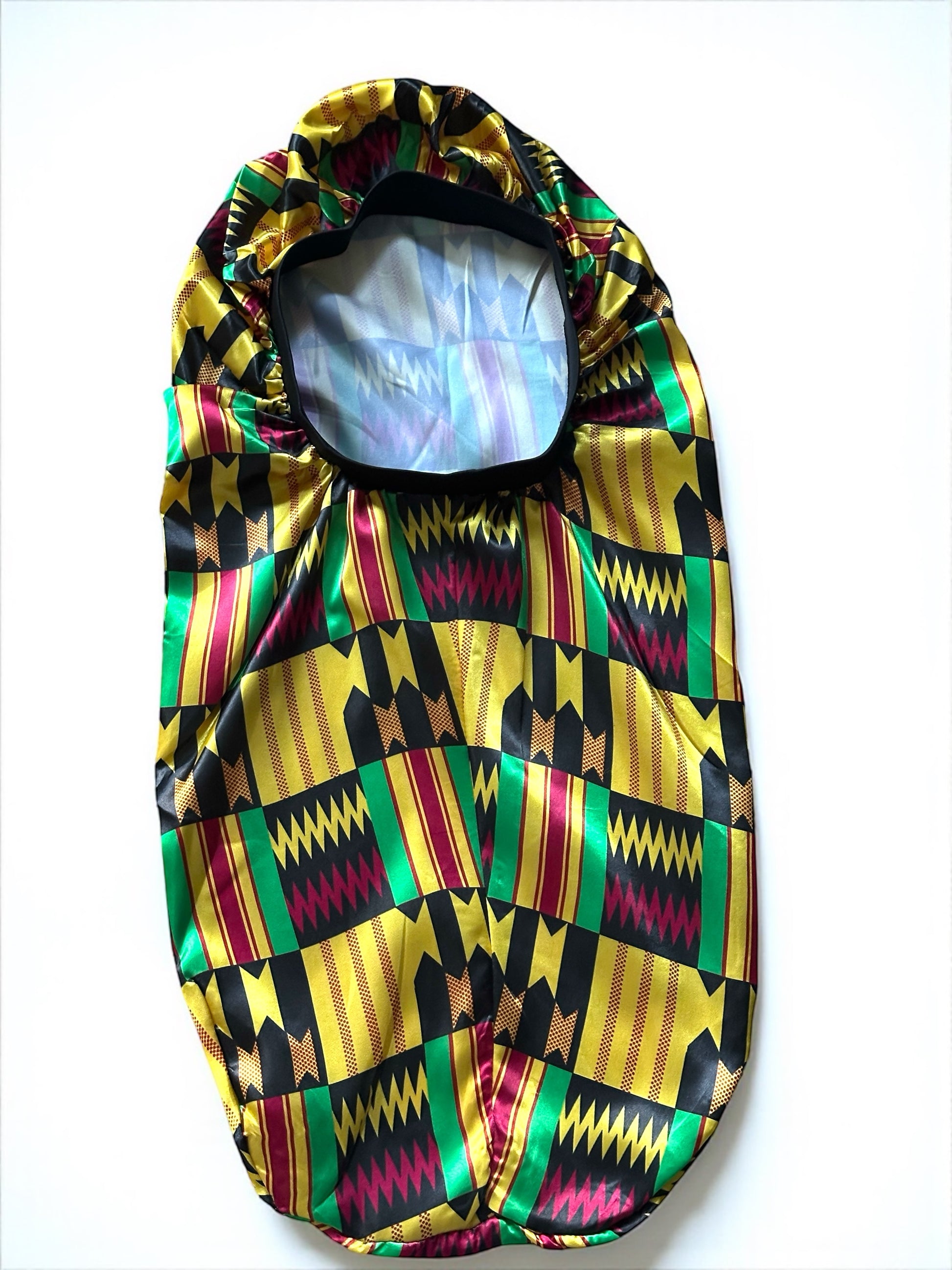 Kente Satin Silk Long Bonnet Cap – Adjustable Sleep Cap for Braids, Locs & Long Hair - Fatisha Boutique #