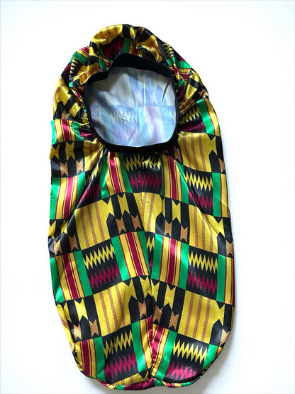 Kente Satin Silk Long Bonnet Cap – Adjustable Sleep Cap for Braids, Locs & Long Hair - Fatisha Boutique #