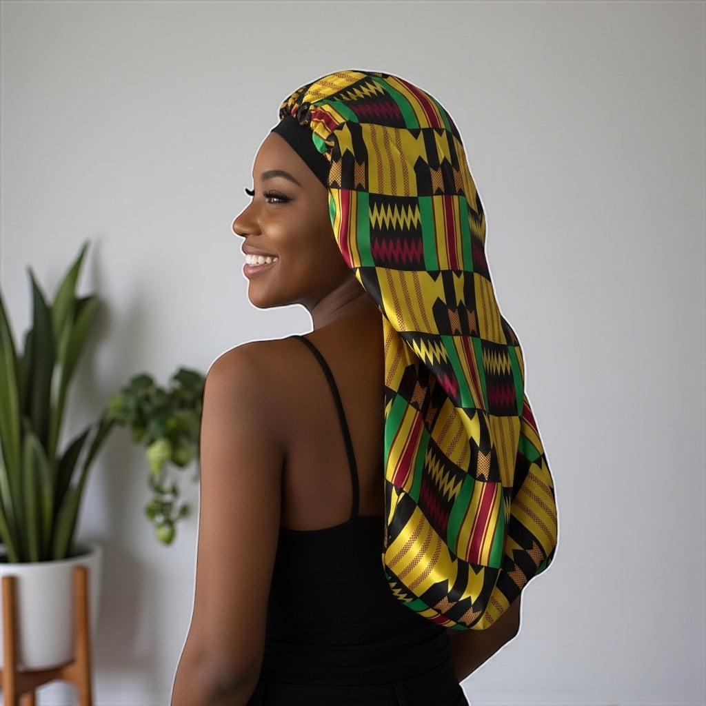 Kente Satin Silk Long Bonnet Cap – Adjustable Sleep Cap for Braids, Locs & Long Hair - Fatisha Boutique #