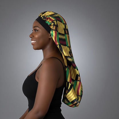 Kente Satin Silk Long Bonnet Cap – Adjustable Sleep Cap for Braids, Locs & Long Hair - Fatisha Boutique #
