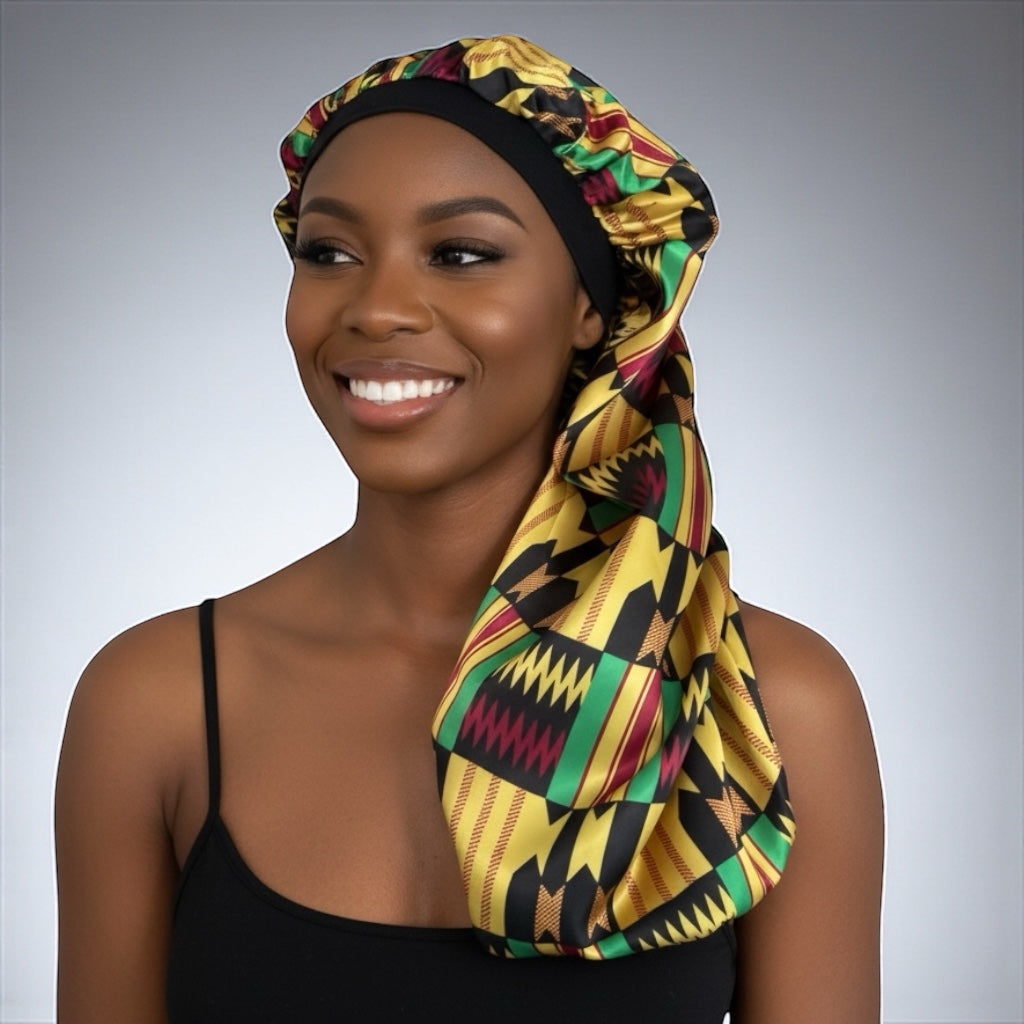 Kente Satin Silk Long Bonnet Cap – Adjustable Sleep Cap for Braids, Locs & Long Hair - Fatisha Boutique #