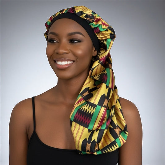 Kente Satin Silk Long Bonnet Cap – Adjustable Sleep Cap for Braids, Locs & Long Hair - Fatisha Boutique #