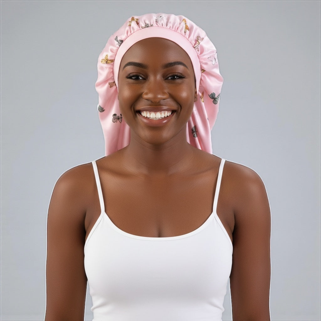 Butterflies Print Long Satin Silk Bonnet Cap – Sleep Cap for Braids, Locs & Long Hair - Fatisha Boutique #