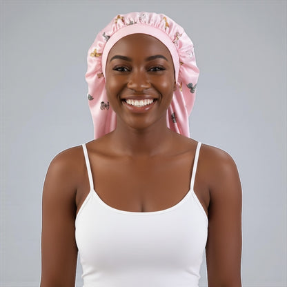 Butterflies Print Long Satin Silk Bonnet Cap – Sleep Cap for Braids, Locs & Long Hair - Fatisha Boutique #