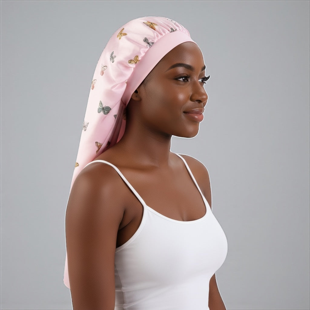Butterflies Print Long Satin Silk Bonnet Cap – Sleep Cap for Braids, Locs & Long Hair - Fatisha Boutique #