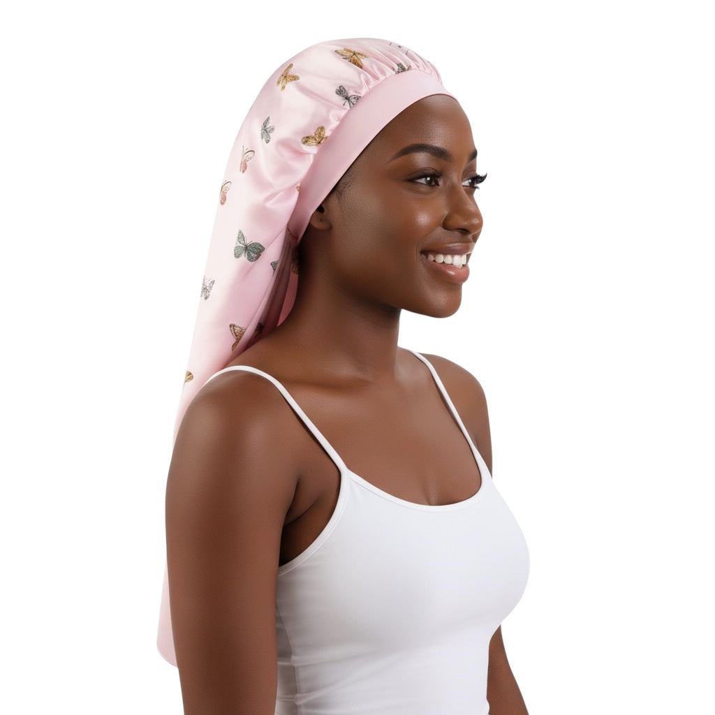 Butterflies Print Long Satin Silk Bonnet Cap – Sleep Cap for Braids, Locs & Long Hair - Fatisha Boutique #