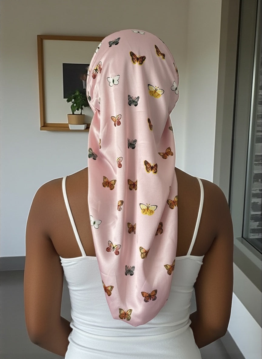 Butterflies Print Long Satin Silk Bonnet Cap – Sleep Cap for Braids, Locs & Long Hair - Fatisha Boutique #