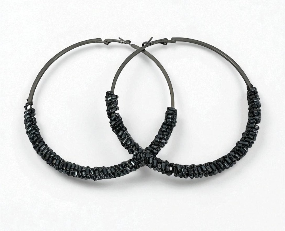 Black Statement Beaded Hoop Earrings – 9CM Bold Fashion Jewellery - Fatisha Boutique #