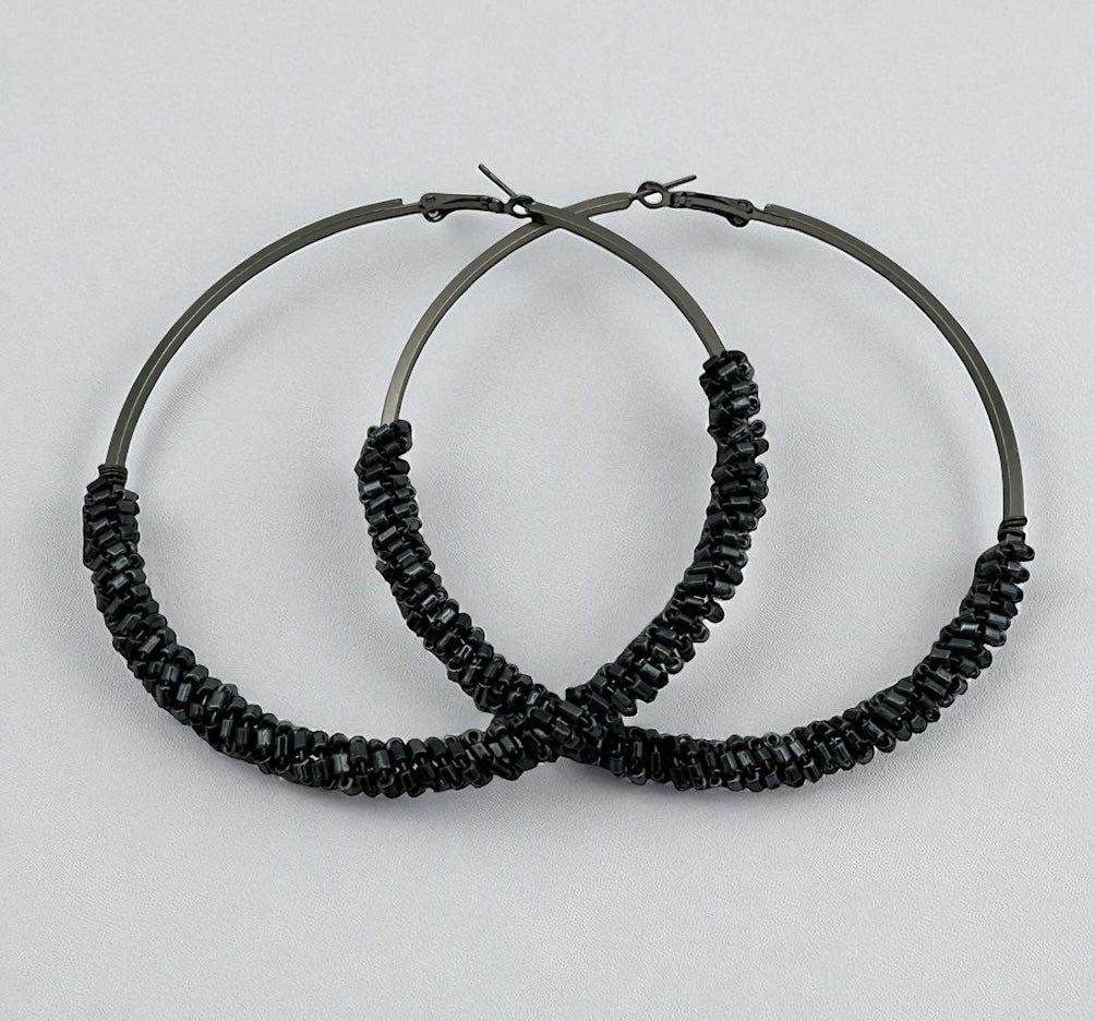 Black Statement Beaded Hoop Earrings – 9CM Bold Fashion Jewellery - Fatisha Boutique #