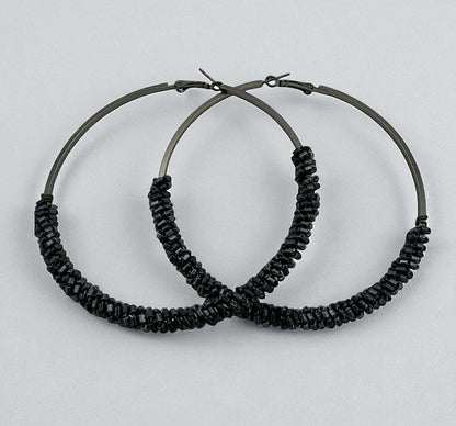 Black Statement Beaded Hoop Earrings – 9CM Bold Fashion Jewellery - Fatisha Boutique #