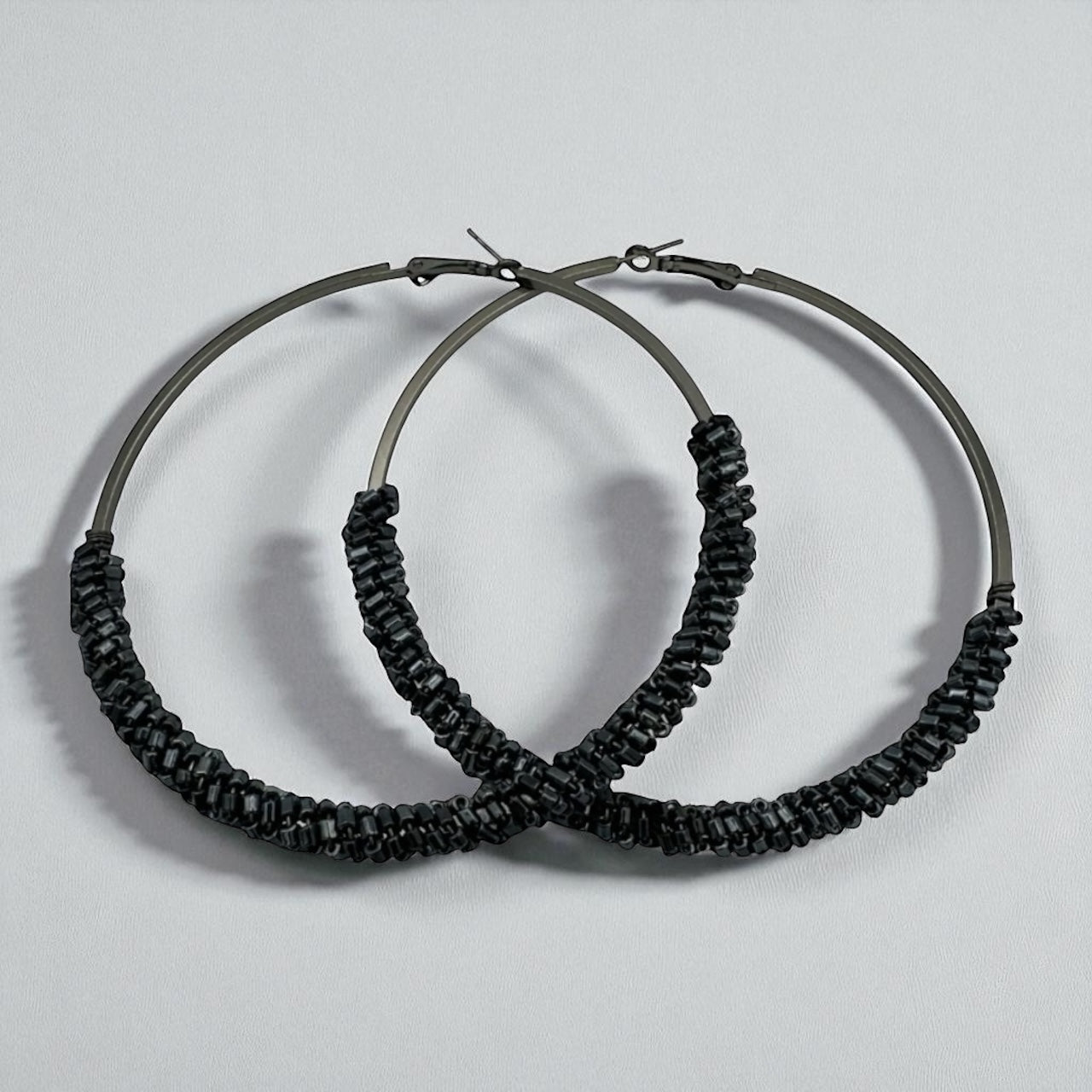 Black Statement Beaded Hoop Earrings – 9CM Bold Fashion Jewellery - Fatisha Boutique #