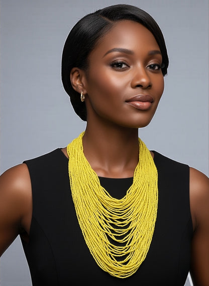 Authentic African Multi-Strand Yellow Beaded Necklace – Bold Handmade Statement Jewellery - Fatisha Boutique #