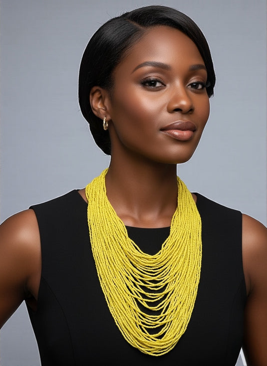 Authentic African Multi-Strand Yellow Beaded Necklace – Bold Handmade Statement Jewellery - Fatisha Boutique #