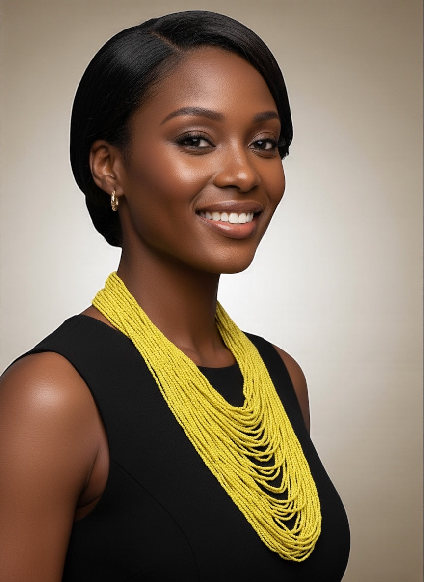 Authentic African Multi-Strand Yellow Beaded Necklace – Bold Handmade Statement Jewellery - Fatisha Boutique #