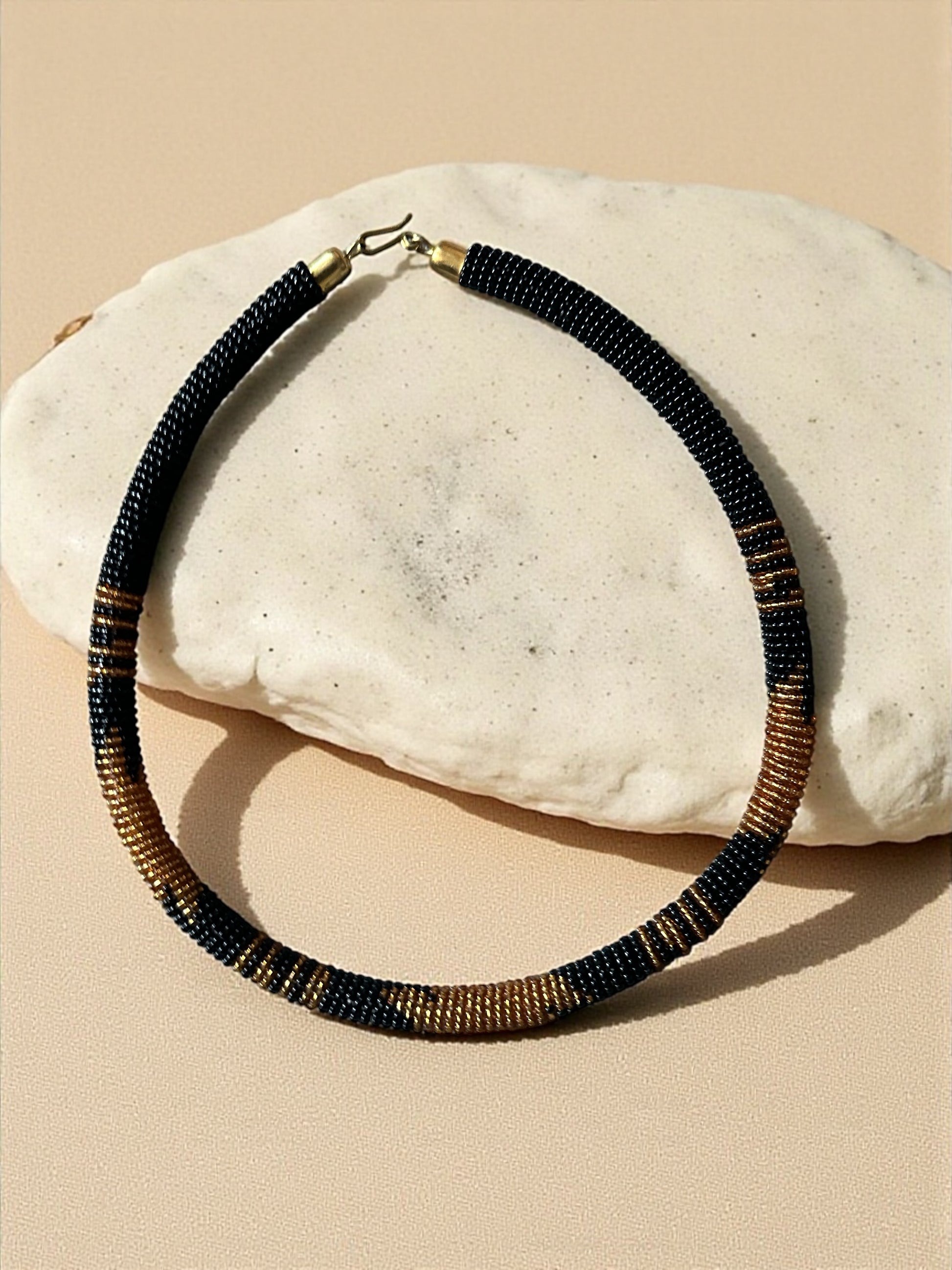 Handmade African Zulu Necklace – Black & Gold Beaded Tribal Jewellery - Fatisha Boutique #