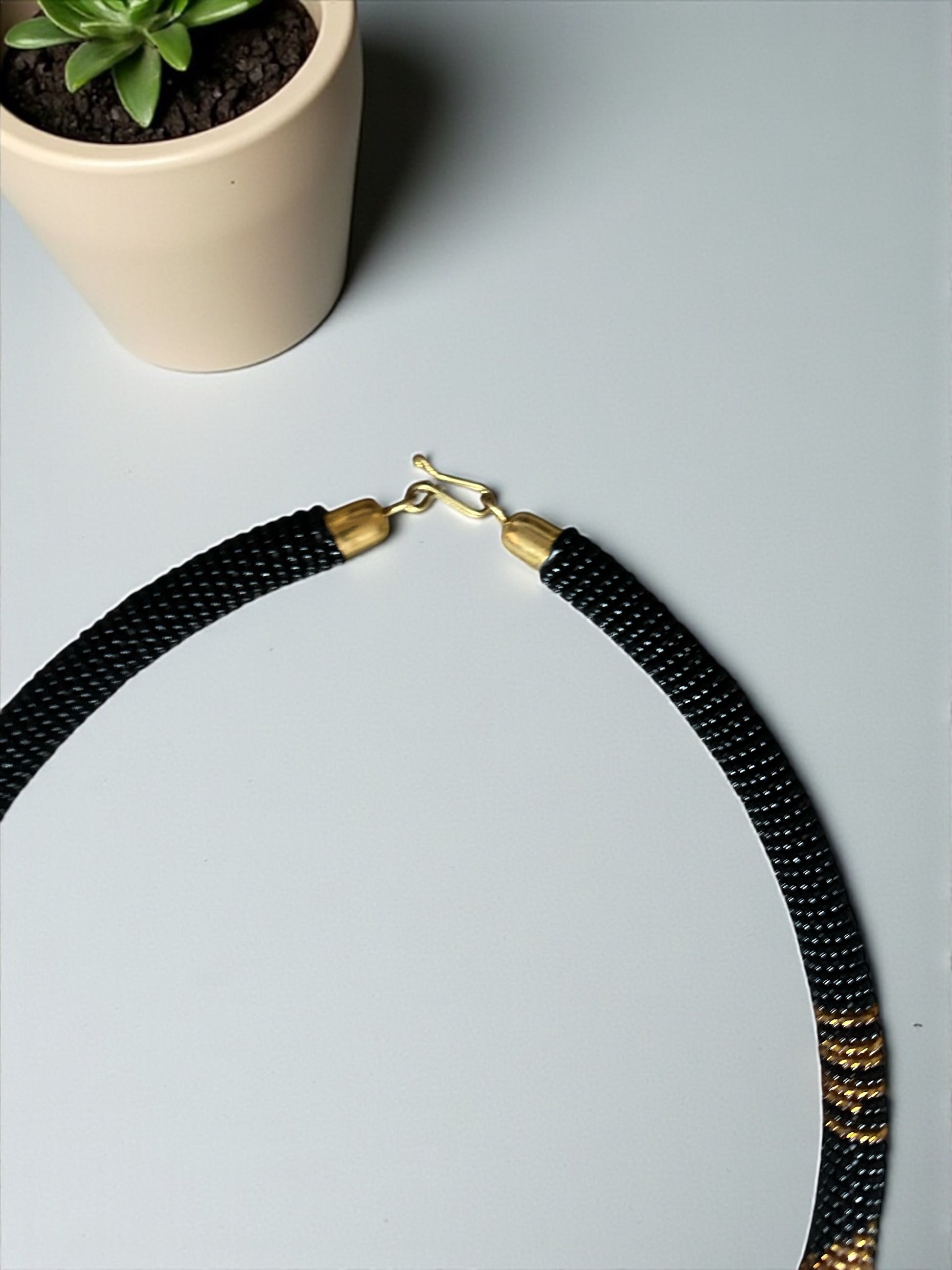 Handmade African Zulu Necklace – Black & Gold Beaded Tribal Jewellery - Fatisha Boutique #