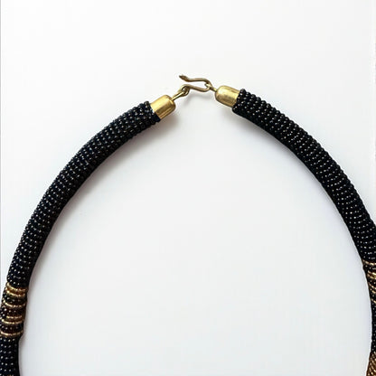 Handmade African Zulu Necklace – Black & Gold Beaded Tribal Jewellery - Fatisha Boutique #