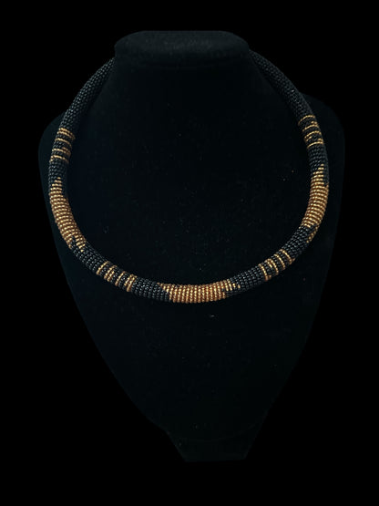 Handmade African Zulu Necklace – Black & Gold Beaded Tribal Jewellery - Fatisha Boutique #