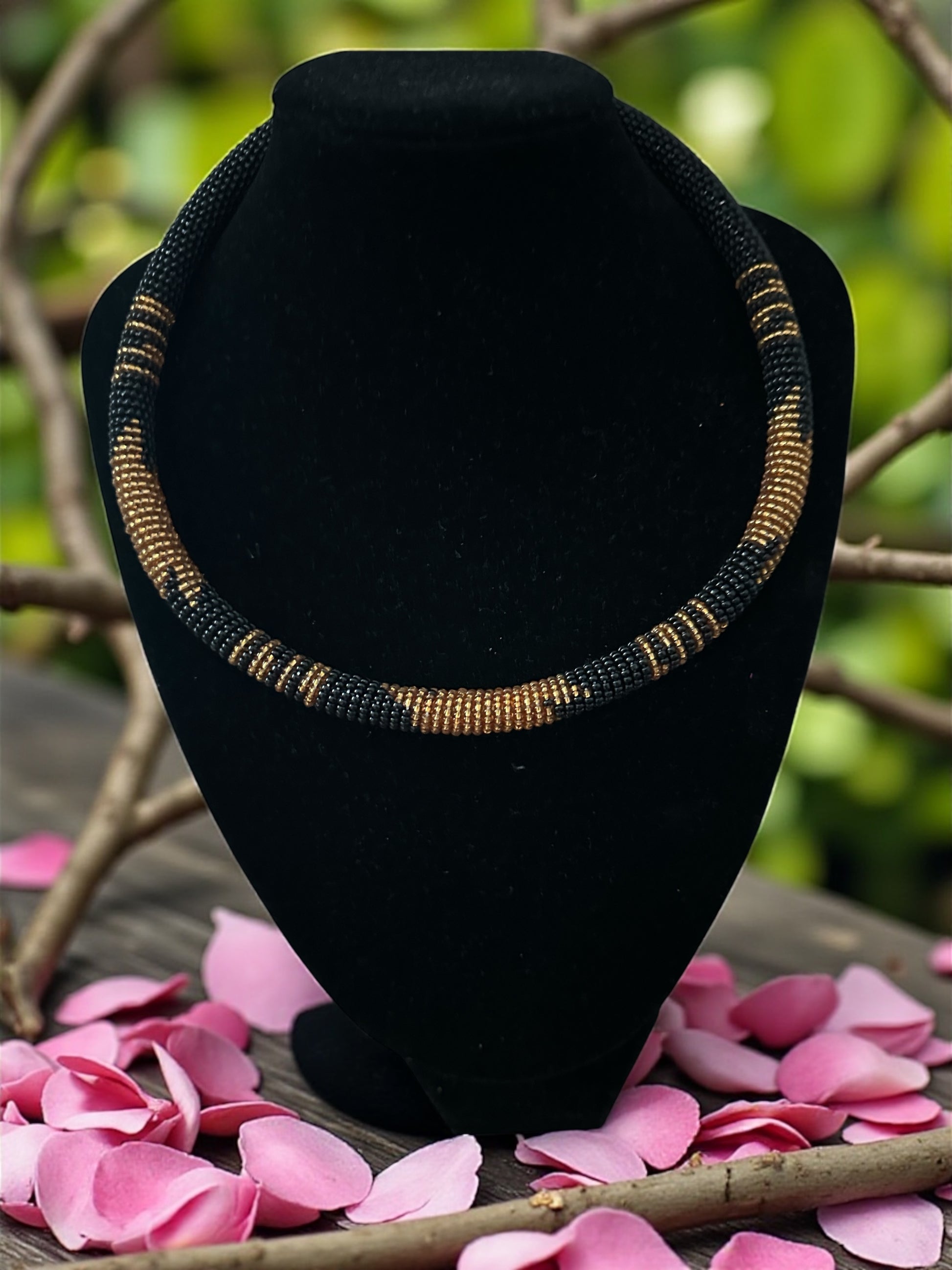 Handmade African Zulu Necklace – Black & Gold Beaded Tribal Jewellery - Fatisha Boutique #