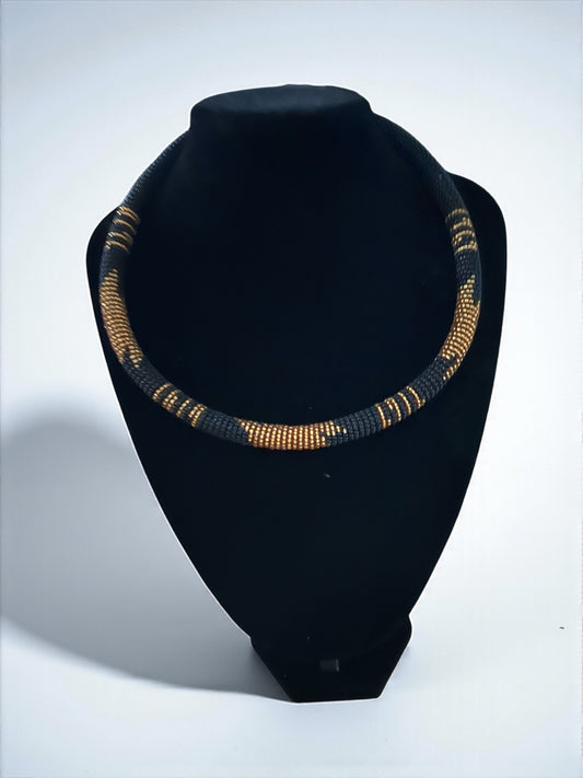 Handmade African Zulu Necklace – Black & Gold Beaded Tribal Jewellery - Fatisha Boutique #