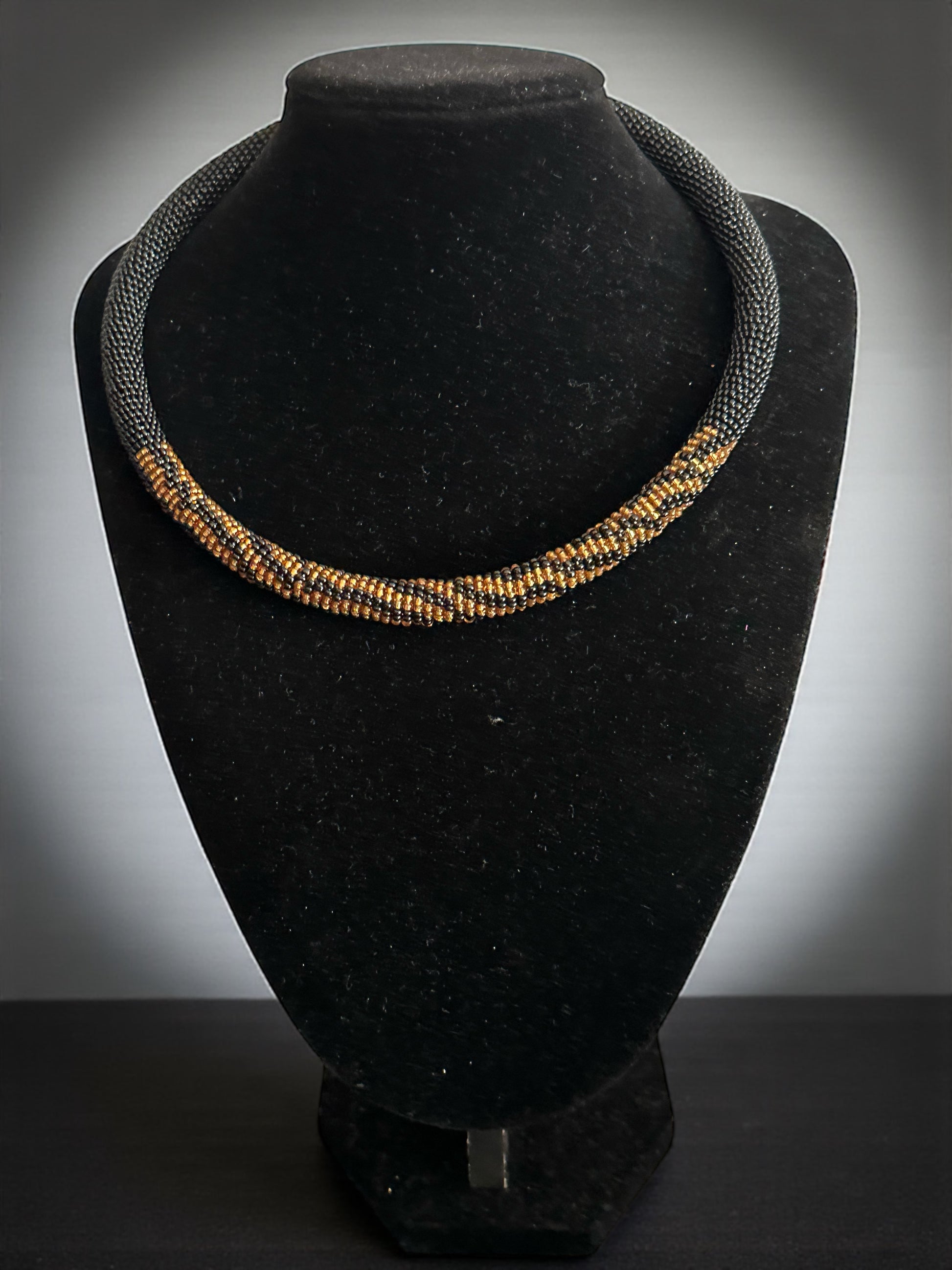 Handmade African Beaded Rope Necklace – Black & Gold Glass Seed Beads - Fatisha Boutique #