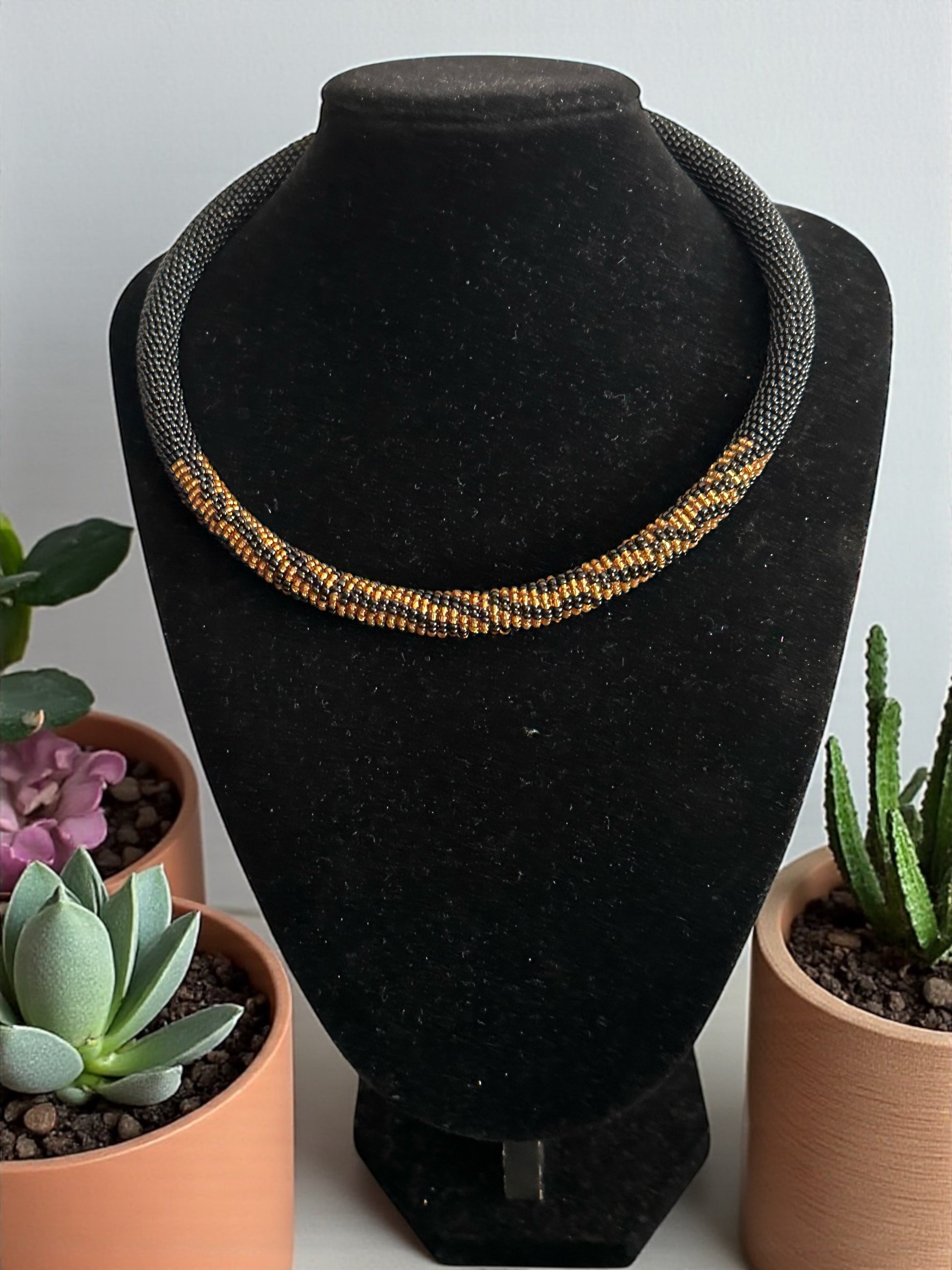 Handmade African Beaded Rope Necklace – Black & Gold Glass Seed Beads - Fatisha Boutique #