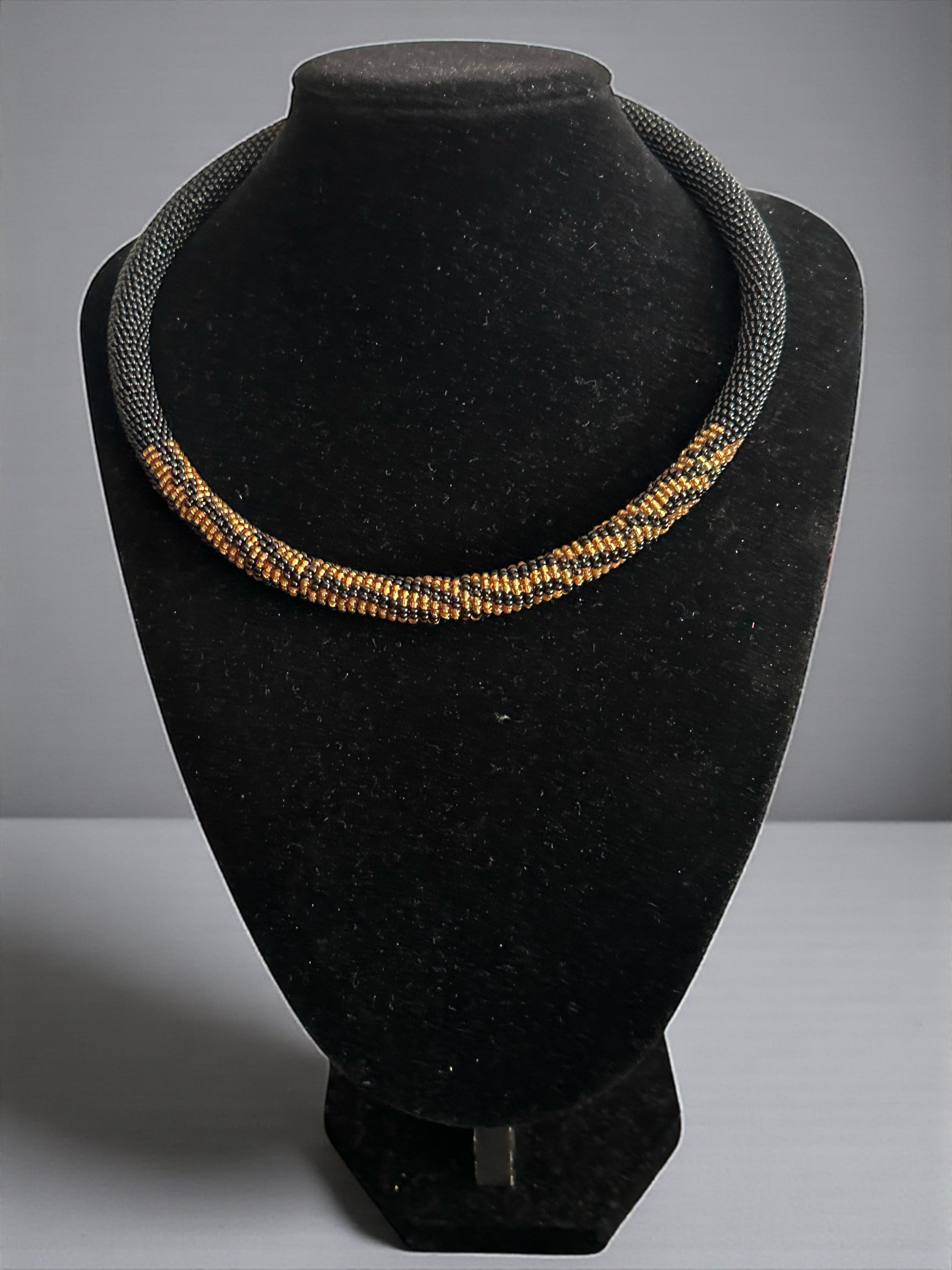 Handmade African Beaded Rope Necklace – Black & Gold Glass Seed Beads - Fatisha Boutique #