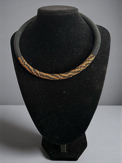 Handmade African Beaded Rope Necklace – Black & Gold Glass Seed Beads - Fatisha Boutique #