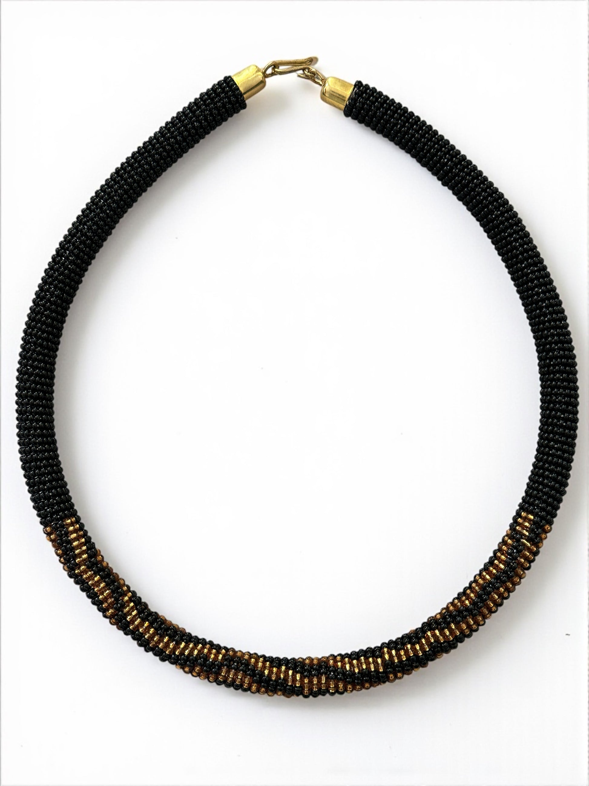 Handmade African Beaded Rope Necklace – Black & Gold Glass Seed Beads - Fatisha Boutique #