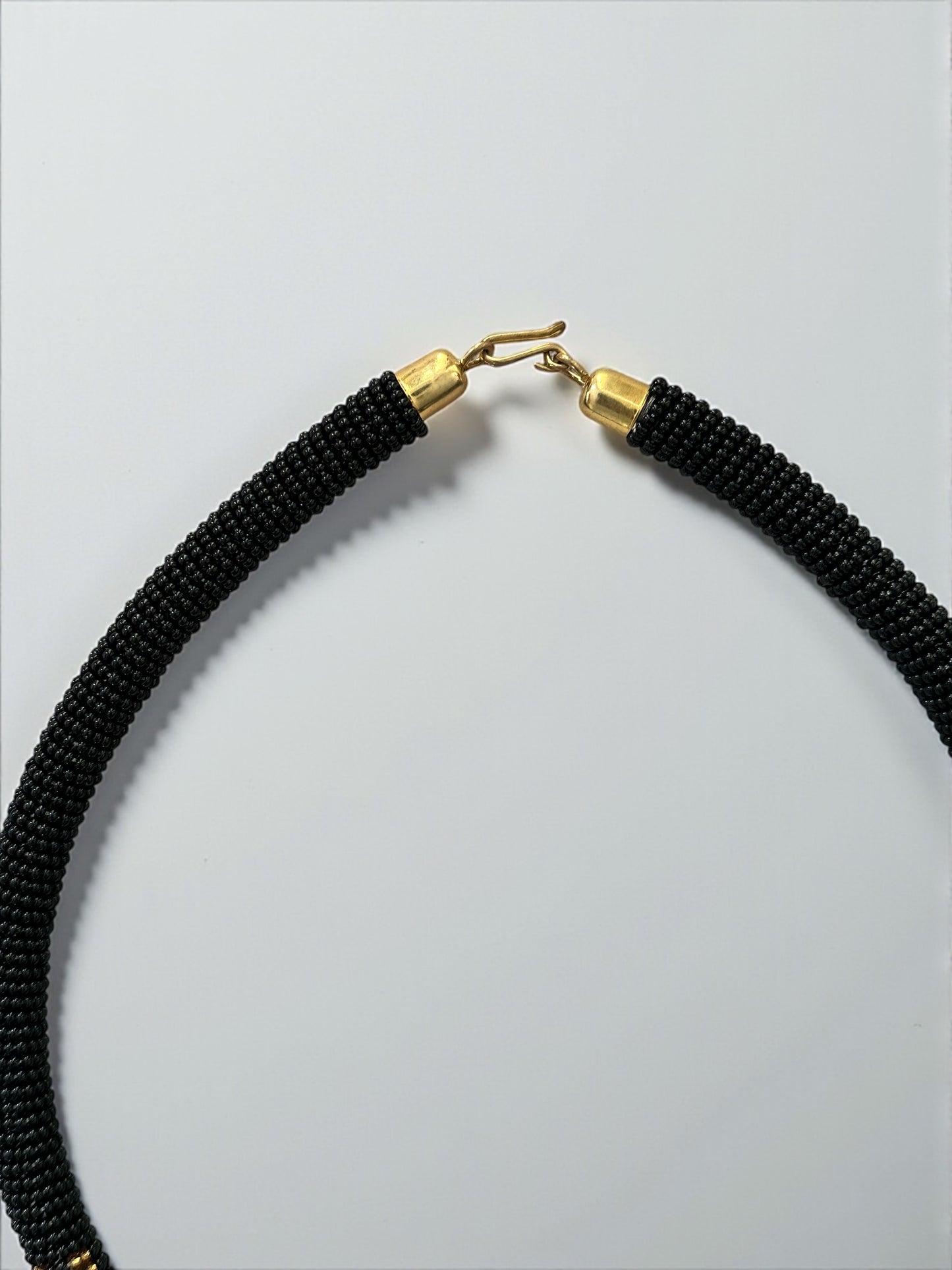 Handmade African Beaded Rope Necklace – Black & Gold Glass Seed Beads - Fatisha Boutique #