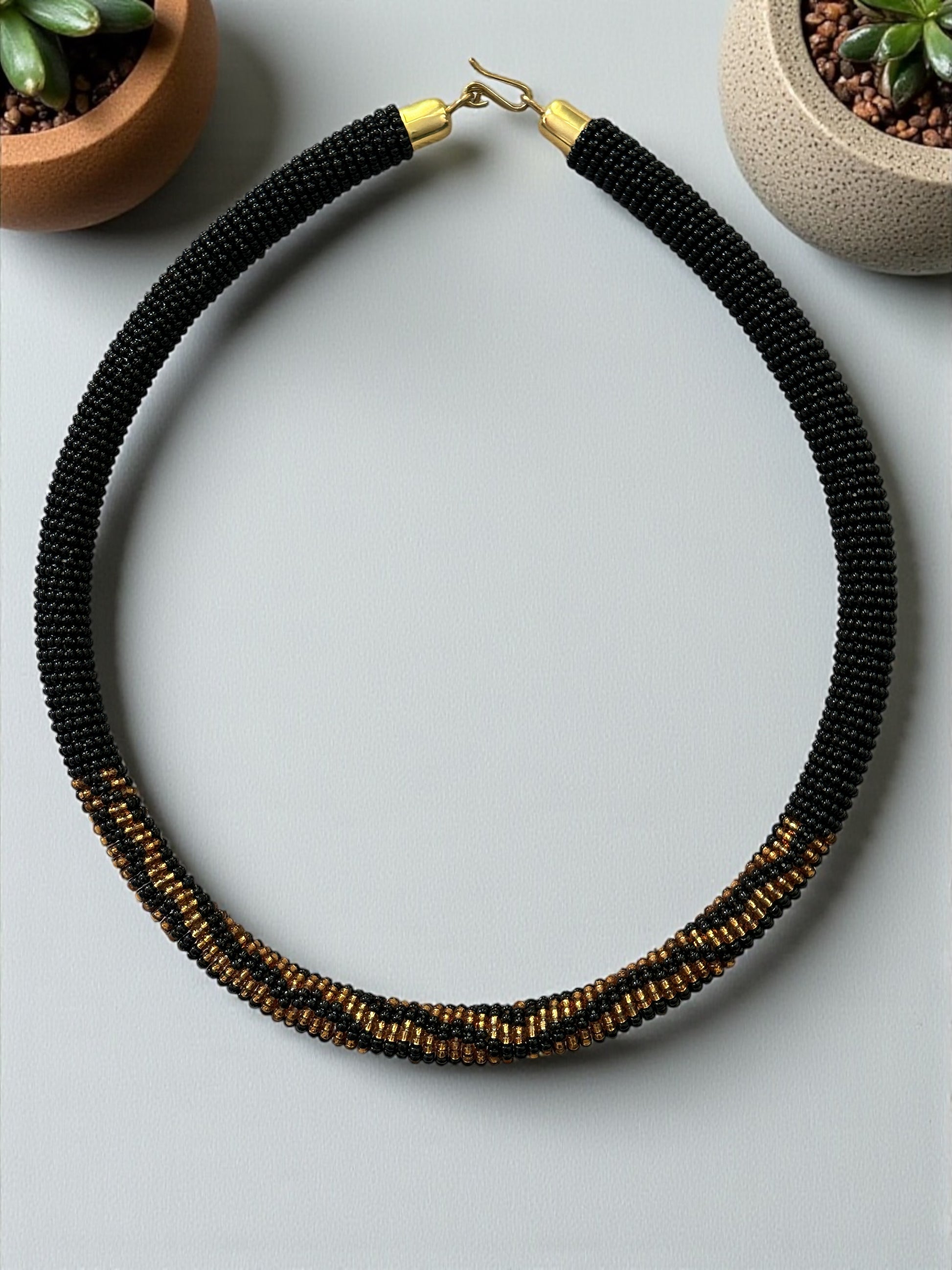 Handmade African Beaded Rope Necklace – Black & Gold Glass Seed Beads - Fatisha Boutique #