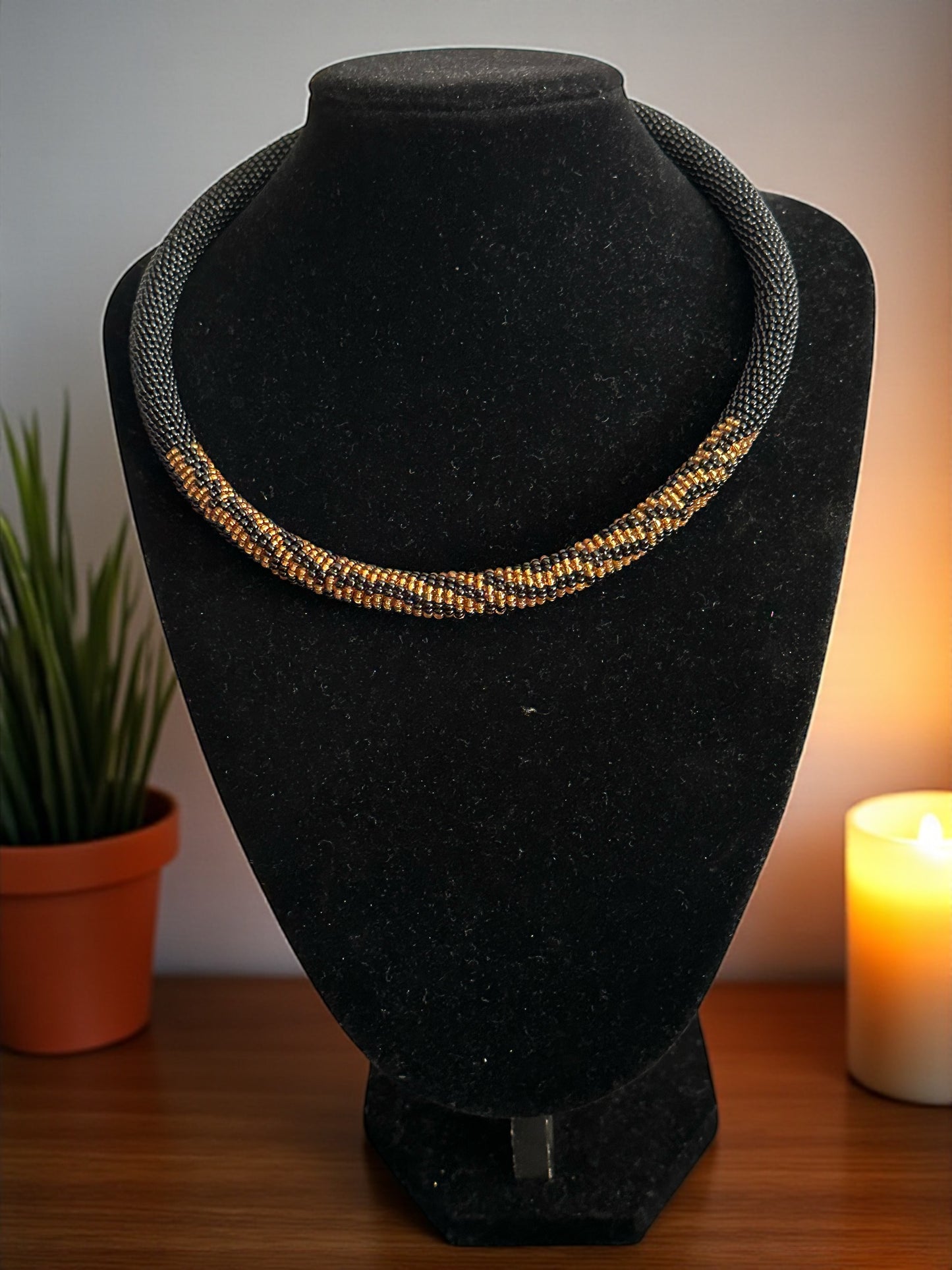 Handmade African Beaded Rope Necklace – Black & Gold Glass Seed Beads - Fatisha Boutique #