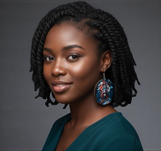 Afrocentric Queen Wooden Earrings – Floral & Butterfly Art Double-Sided Statement Jewellery - Fatisha Boutique #
