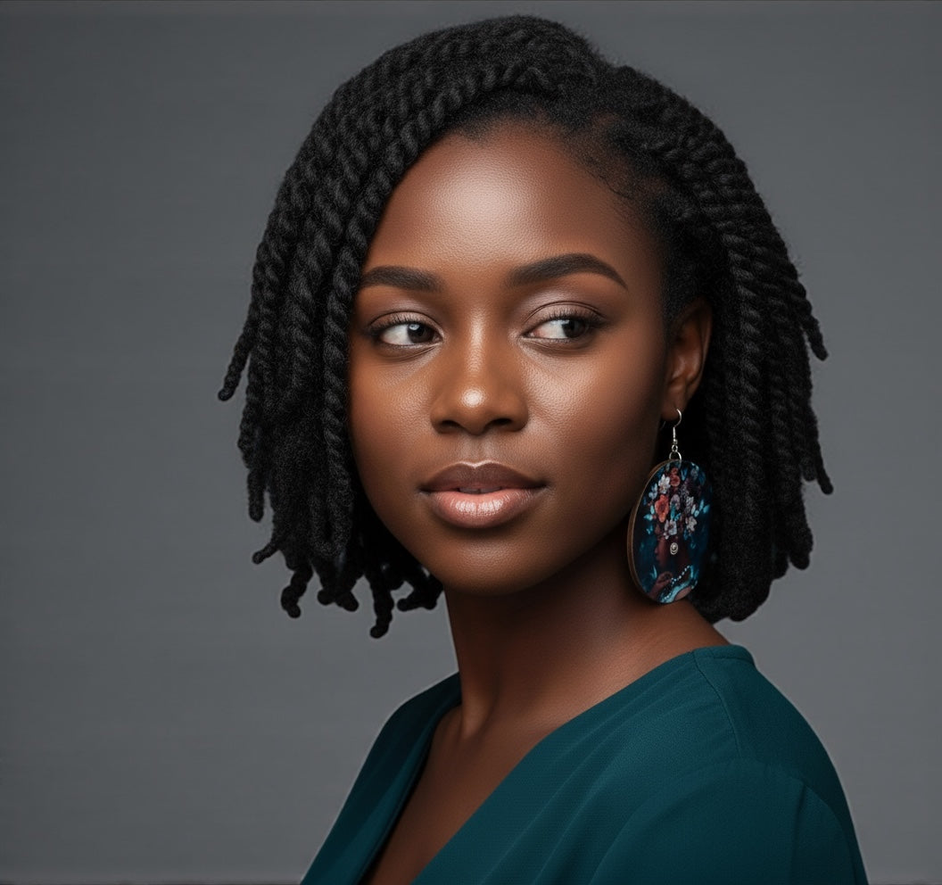 Afrocentric Queen Wooden Earrings – Floral & Butterfly Art Double-Sided Statement Jewellery - Fatisha Boutique #