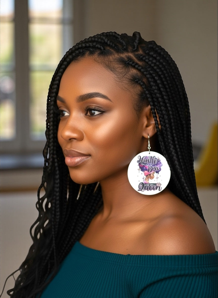 Double-Sided "Hustle Like a Boss, Live Like a Queen" Wooden Earrings – Afrocentric Statement Jewellery - Fatisha Boutique #