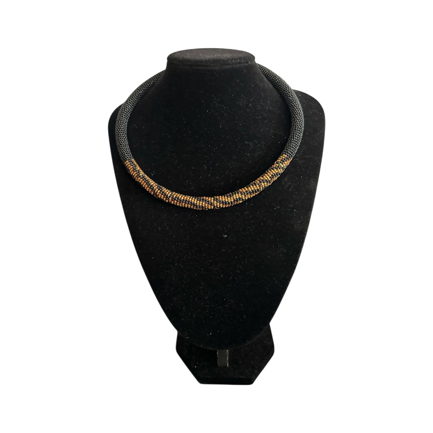Handmade African Beaded Rope Necklace – Black & Gold Glass Seed Beads - Fatisha Boutique #