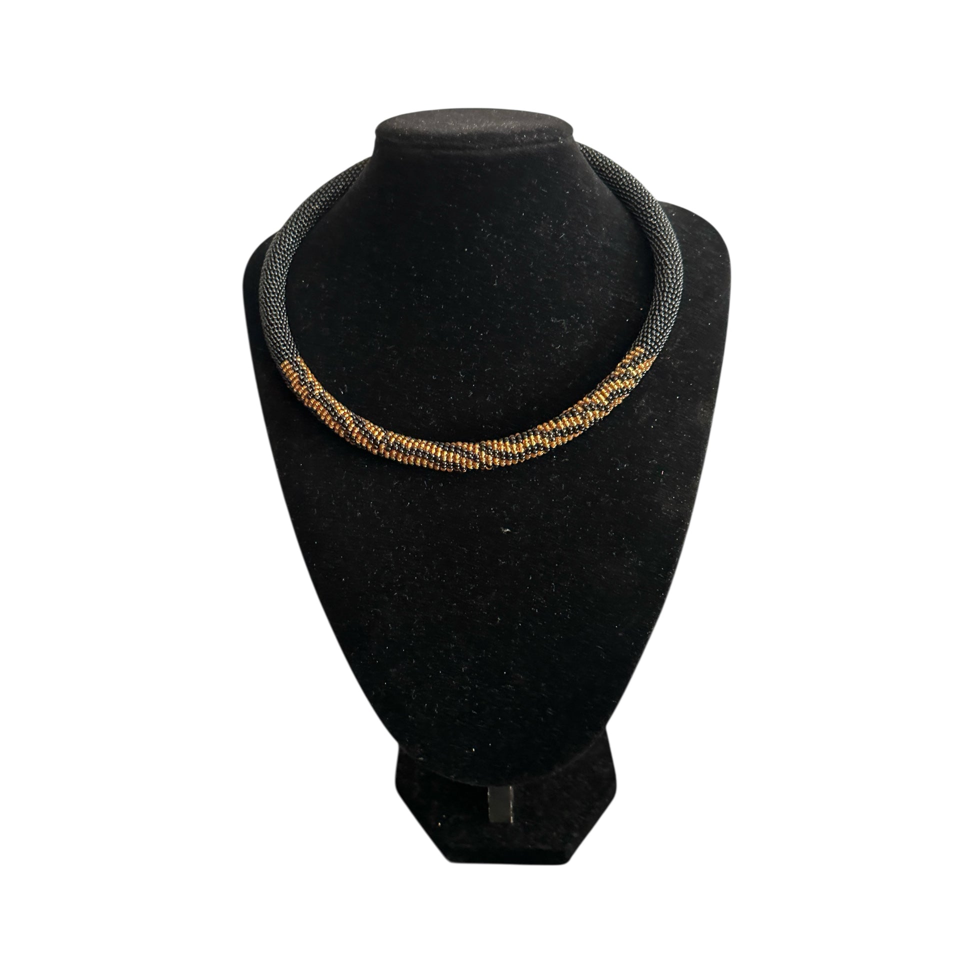 Handmade African Beaded Rope Necklace – Black & Gold Glass Seed Beads - Fatisha Boutique #