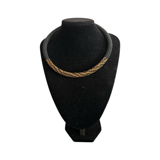 Handmade African Beaded Rope Necklace – Black & Gold Glass Seed Beads - Fatisha Boutique #