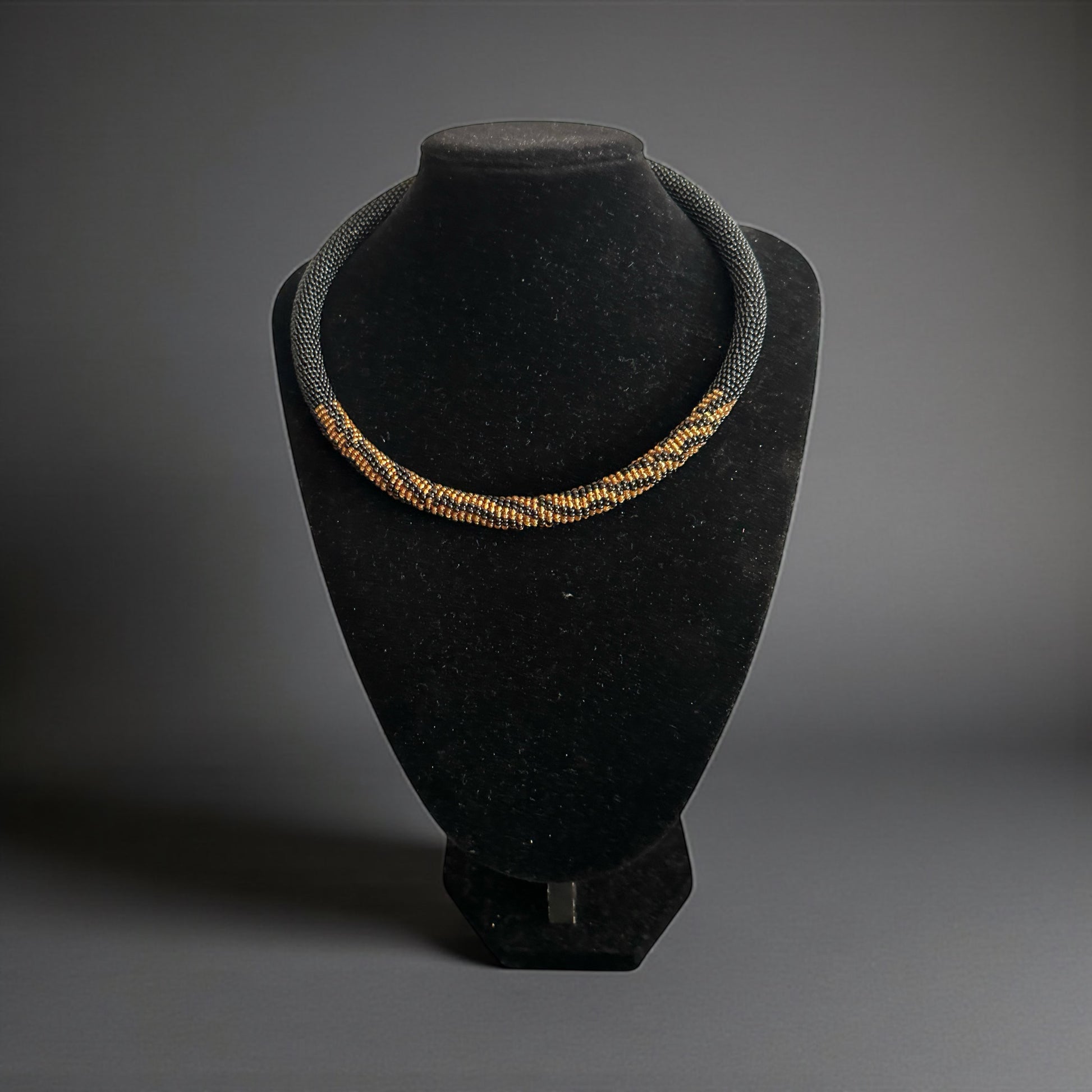 Handmade African Beaded Rope Necklace – Black & Gold Glass Seed Beads - Fatisha Boutique #