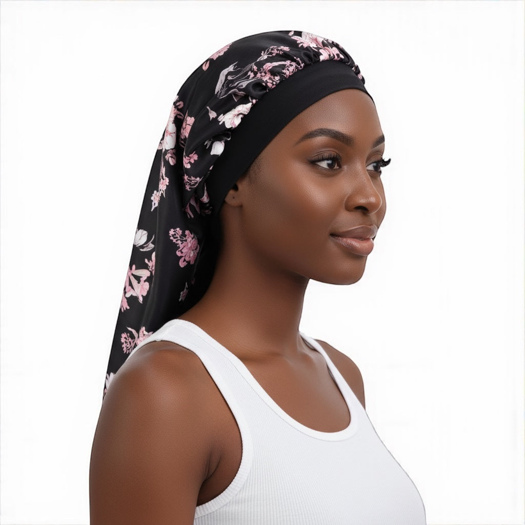 Satin Silk Long Bonnet Cap for Braids, Locs & Long Hair – Floral Lightweight Sleep Cap - Fatisha Boutique #
