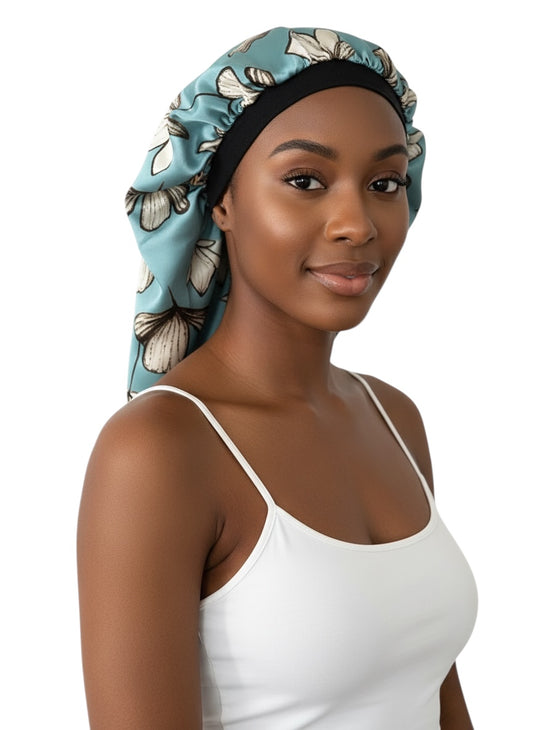 Floral Satin Silk Long Bonnet Cap for Braids, Locs & Long Hair – Lightweight Sleep Cap - Fatisha Boutique #