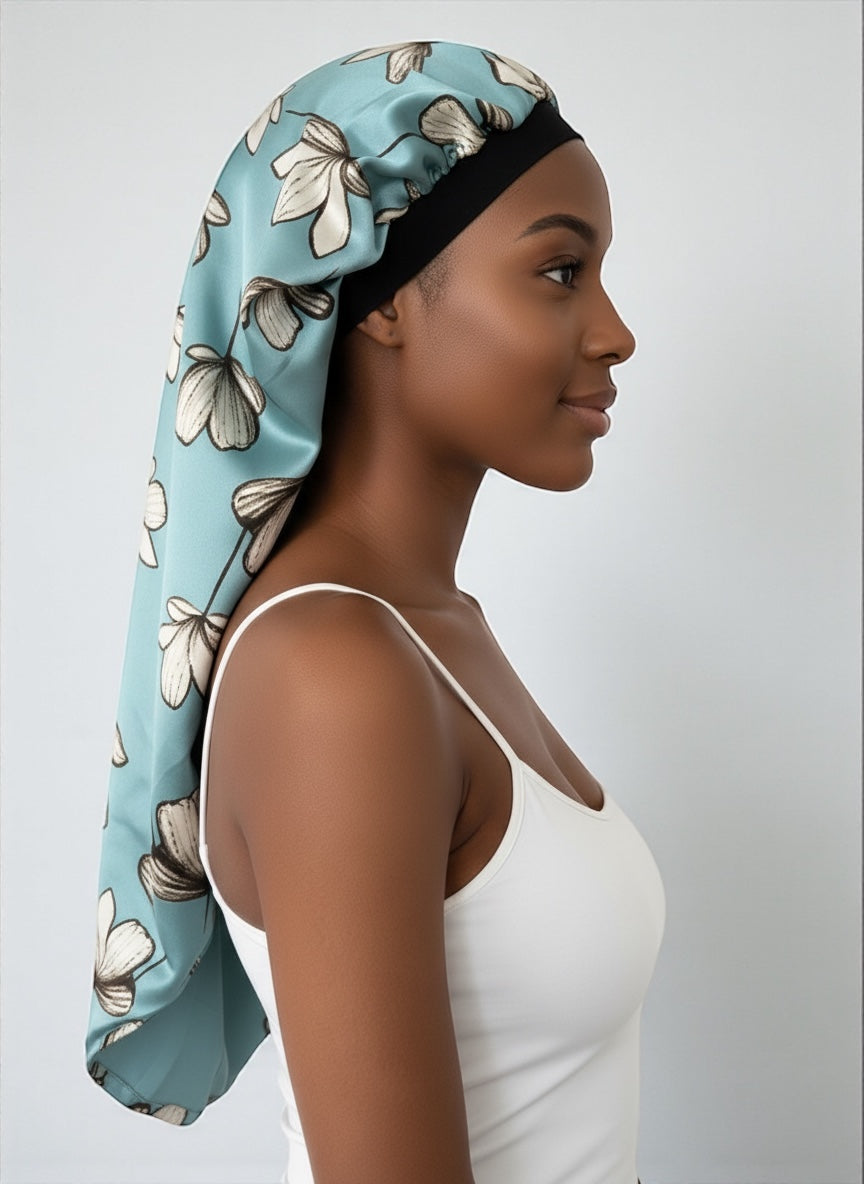 Floral Satin Silk Long Bonnet Cap for Braids, Locs & Long Hair – Lightweight Sleep Cap - Fatisha Boutique #