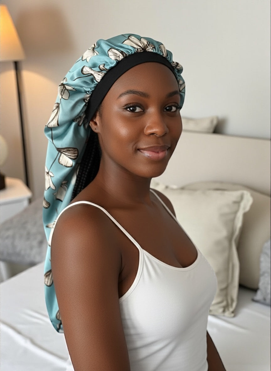 Floral Satin Silk Long Bonnet Cap for Braids, Locs & Long Hair – Lightweight Sleep Cap - Fatisha Boutique #