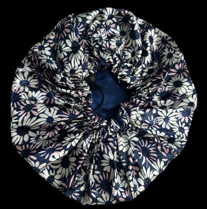 Adjustable Double-Layered Satin Silk Bonnet Cap – Reversible Blue Floral Sleep Cap for Hair Protection - Fatisha Boutique #