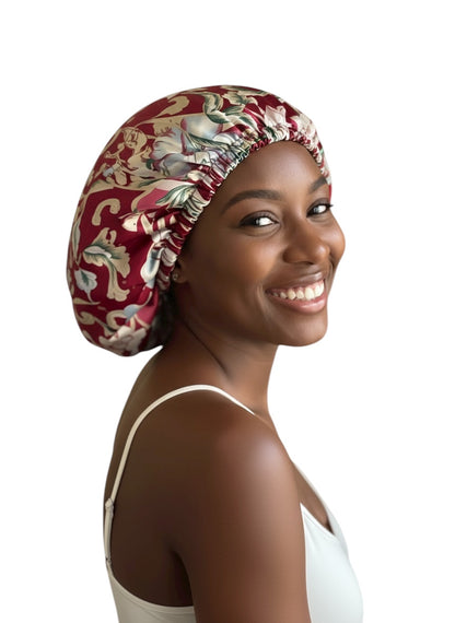 Adjustable Double-Layered Satin Silk Bonnet Cap – Reversible Red Floral Sleep Cap for Hair Protection - Fatisha Boutique #