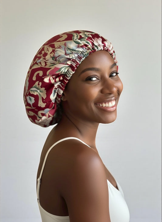 Adjustable Double-Layered Satin Silk Bonnet Cap – Reversible Red Floral Sleep Cap for Hair Protection - Fatisha Boutique #