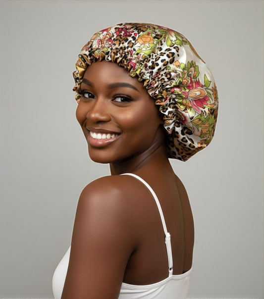 Adjustable Reversible Satin Bonnet – Floral & Animal Print Silk Sleep Cap for Hair Care - Fatisha Boutique #